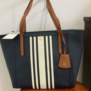 Ralph Lauren Navy Tote with Cream Stripes & Brown Leather Trim